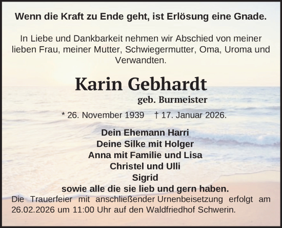 Traueranzeige von Karin Gebhardt von Zeitung für die Landeshauptstadt