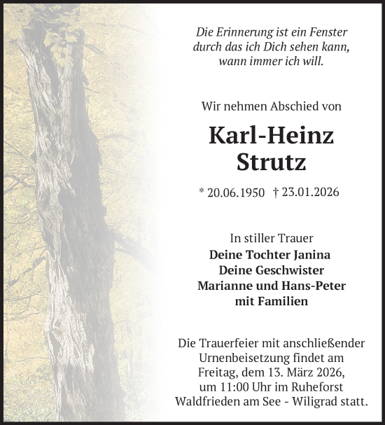 Traueranzeige von Karl-Heinz Strutz von Zeitung für die Landeshauptstadt