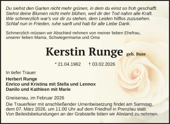 Traueranzeige von Kerstin Runge von Uckermark Kurier Prenzlauer Zeitung
