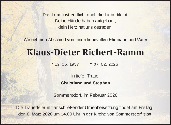 Traueranzeige von Klaus-Dieter Richert-Ramm von Nordkurier Grosso, Nordkurier Pasewalker Zeitung