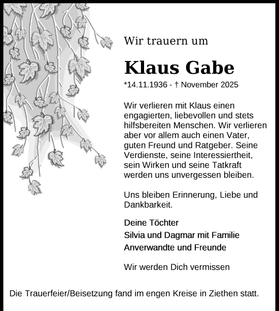 Traueranzeige von Klaus Gabe von Nordkurier Vorpommern Kurier, Nordkurier Grosso