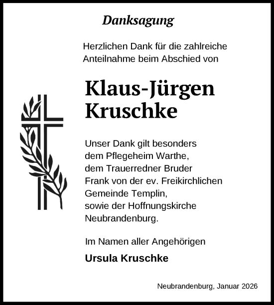 Traueranzeige von Klaus-Jürgen Kruschke von Uckermark Kurier Templiner Zeitung