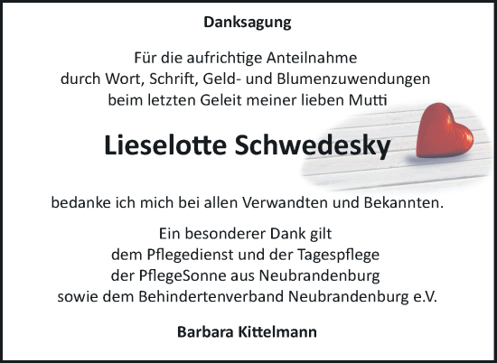 Traueranzeige von Lieselotte Schwedesky von Nordkurier Neubrandenburger Zeitung