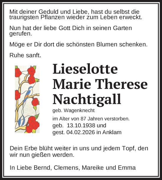 Traueranzeige von Lieselotte Marie Therese Nachtigall von Nordkurier Vorpommern Kurier, Nordkurier Grosso