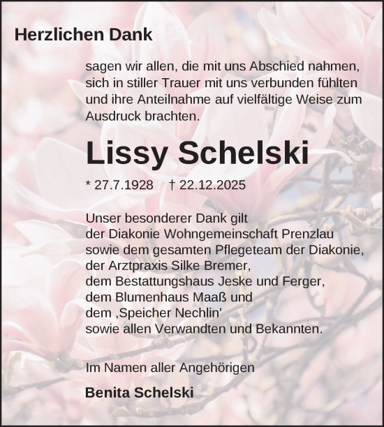 Traueranzeige von Lissy Schelski von Uckermark Kurier Prenzlauer Zeitung