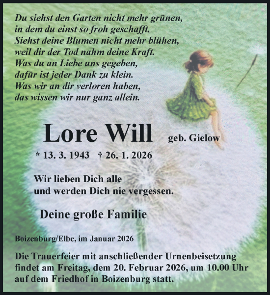 Traueranzeige von Lore Will von Hagenower Kreisblatt