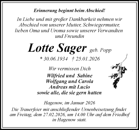 Traueranzeige von Lotte Sager von Hagenower Kreisblatt