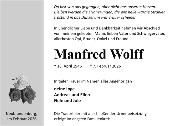 Traueranzeige von Manfred Wolff von Nordkurier Neubrandenburger Zeitung, Nordkurier Grosso
