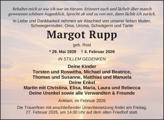 Traueranzeige von Margot Rupp von Nordkurier Vorpommern Kurier