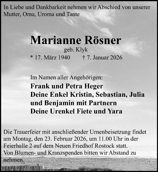 Traueranzeige von Marianne Rösner von Norddeutsche Neueste Nachrichten