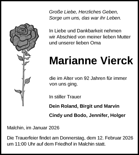 Traueranzeige von Marianne Vierck von Nordkurier Mecklenburger Schweiz, Nordkurier Grosso