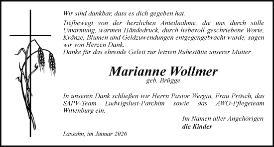 Traueranzeige von Marianne Wollmer von Hagenower Kreisblatt