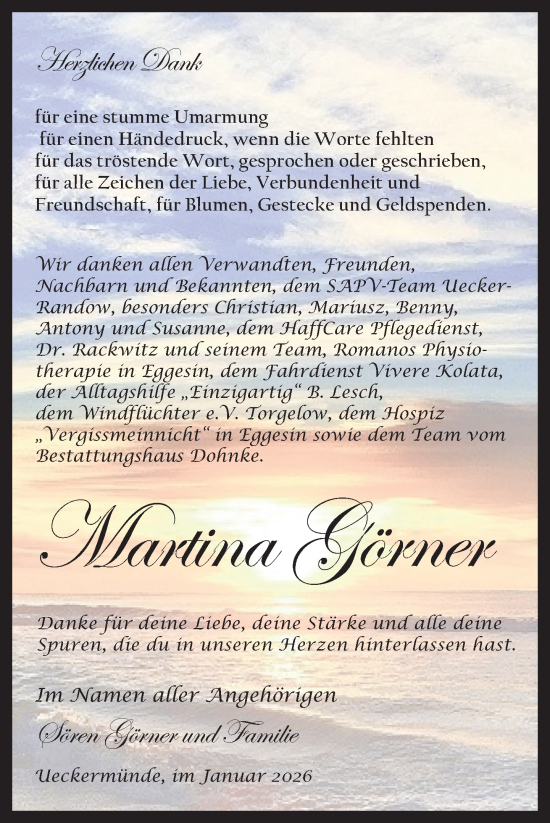 Traueranzeige von Martina Görner von Nordkurier Haff-Zeitung, Nordkurier Grosso