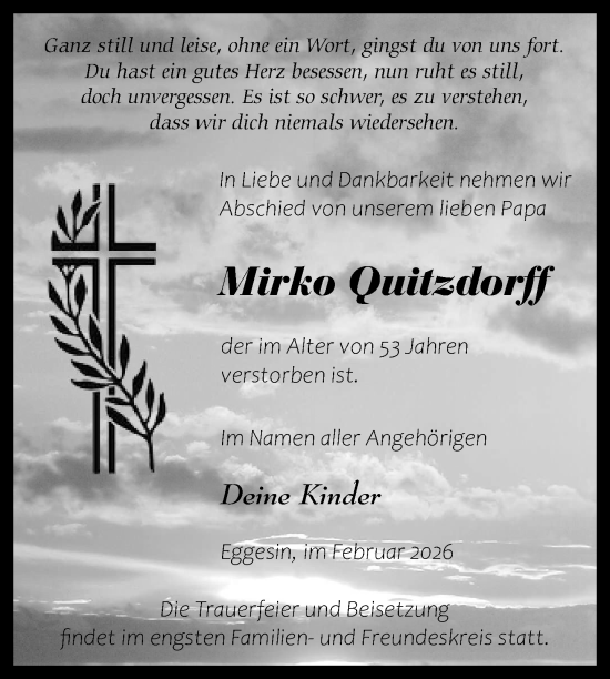Traueranzeige von Mirko Quitzdorff von Nordkurier Haff-Zeitung, Nordkurier Grosso