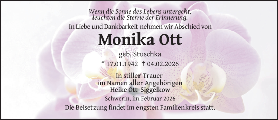 Traueranzeige von Monika Ott von Zeitung für die Landeshauptstadt