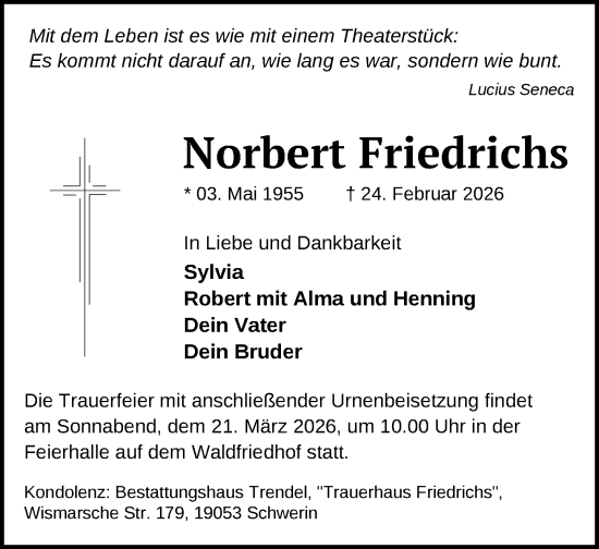 Traueranzeige von Norbert Friedrichs von Zeitung für die Landeshauptstadt