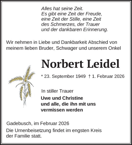 Traueranzeige von Norbert Leidel von Gadebusch - Rehnaer Zeitung