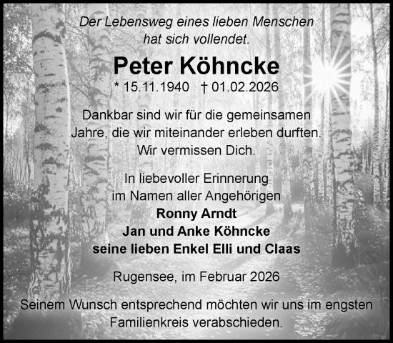 Traueranzeige von Peter Köhncke von Zeitung für die Landeshauptstadt