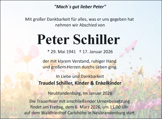 Traueranzeige von Peter Schiller von Nordkurier Neubrandenburger Zeitung