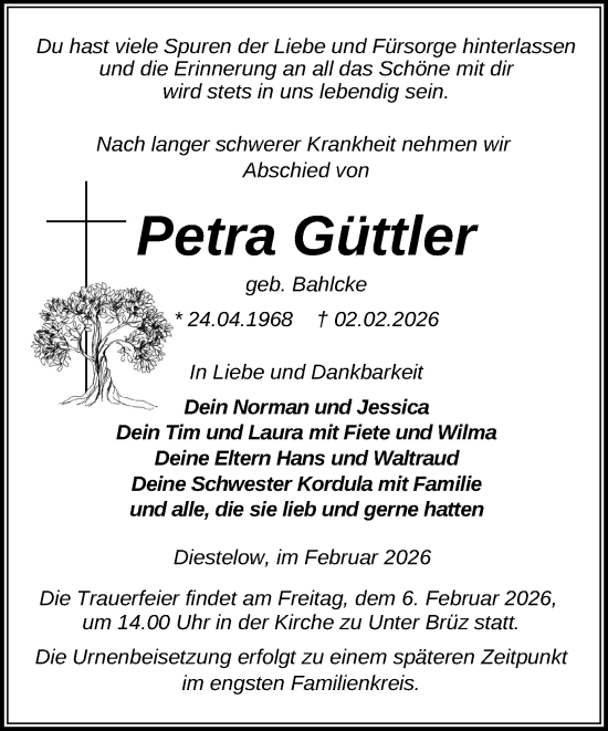 Traueranzeige von Petra Güttler von Parchim und Lübz
