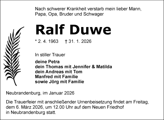 Traueranzeige von Ralf Duwe von Nordkurier Neubrandenburger Zeitung