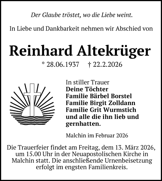 Traueranzeige von Reinhard Altekrüger von Nordkurier Mecklenburger Schweiz, Nordkurier Grosso