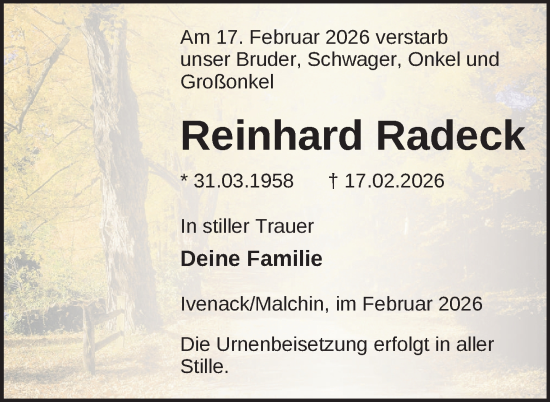 Traueranzeige von Reinhard Radeck von Nordkurier Mecklenburger Schweiz, Nordkurier Grosso