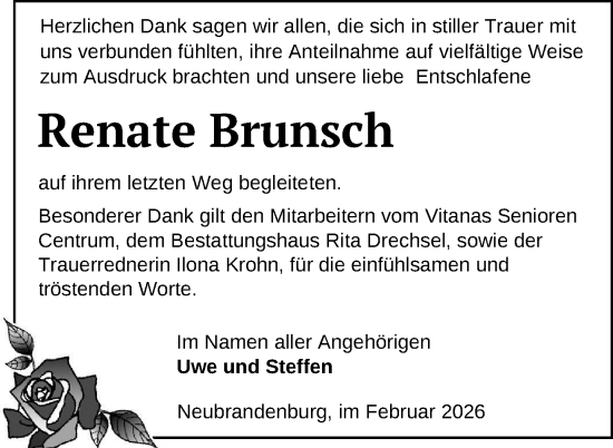 Traueranzeige von Renate Brunsch von Nordkurier Neubrandenburger Zeitung