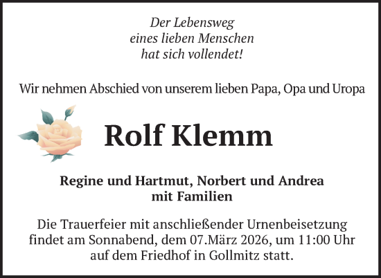 Traueranzeige von Rolf Klemm von Uckermark Kurier Prenzlauer Zeitung