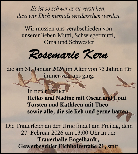 Traueranzeige von Rosemarie Kern von Nordkurier Müritz-Zeitung