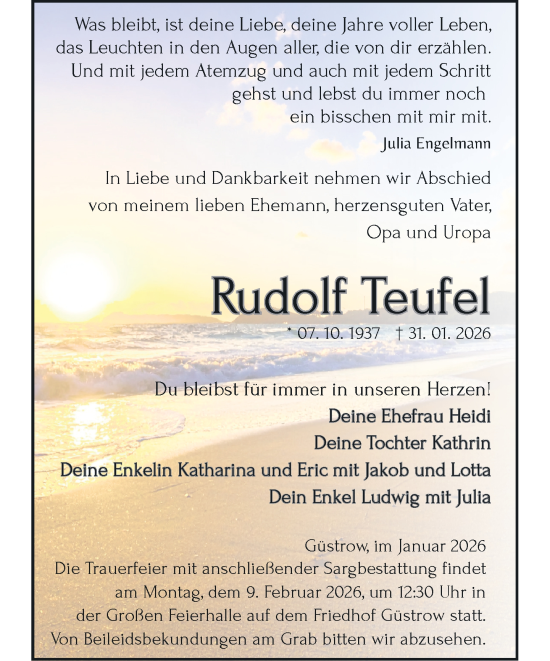Traueranzeige von Rudolf Teufel von Güstrow und Bützow