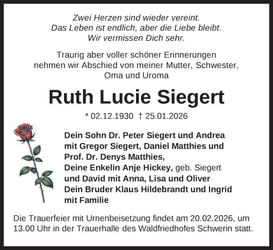 Traueranzeige von Ruth Lucie Siegert von Zeitung für die Landeshauptstadt