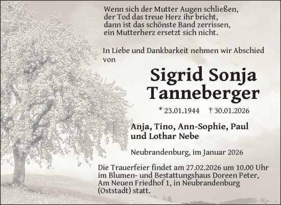 Traueranzeige von Sigrid Sonja Tanneberger von Nordkurier Neubrandenburger Zeitung