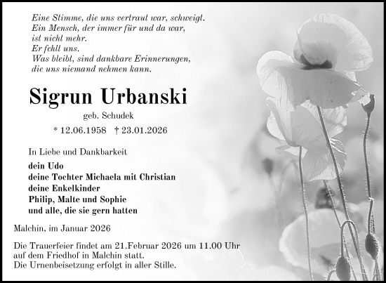 Traueranzeige von Sigrun Urbanski von Nordkurier Mecklenburger Schweiz, Nordkurier Grosso