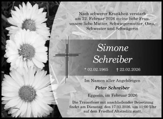 Traueranzeige von Simone Schreiber von Nordkurier Haff-Zeitung, Nordkurier Grosso