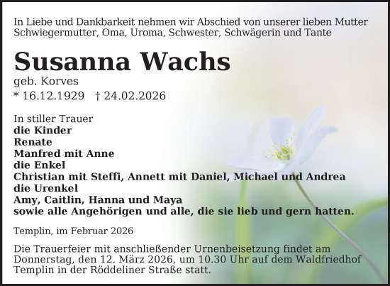 Traueranzeige von Susanna Wachs von Uckermark Kurier Templiner Zeitung