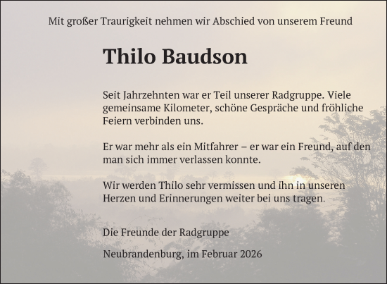 Traueranzeige von Thilo Baudson von Nordkurier Neubrandenburger Zeitung, Nordkurier Grosso