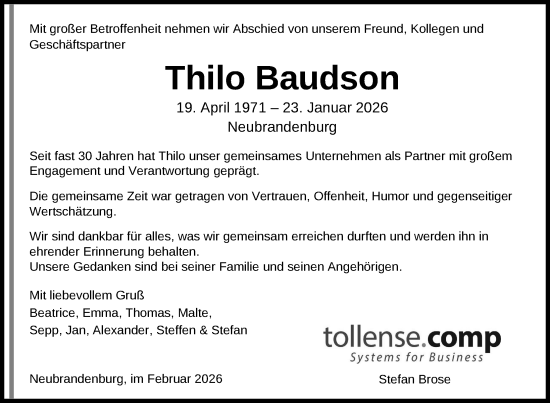 Traueranzeige von Thilo Baudson von Nordkurier Neubrandenburger Zeitung, Nordkurier Grosso