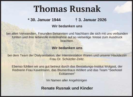 Traueranzeige von Thomas Rusnak von Nordkurier Müritz-Zeitung