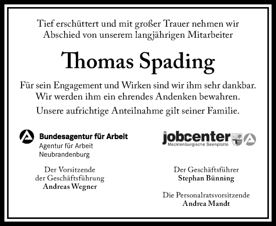 Traueranzeige von Thomas Spading von Nordkurier Neubrandenburger Zeitung