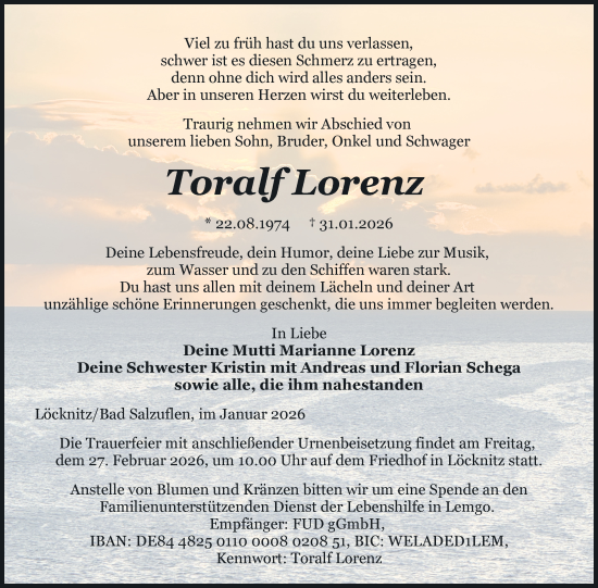 Traueranzeige von Toralf Lorenz von Nordkurier Pasewalker Zeitung, Nordkurier Grosso