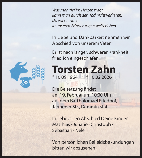 Traueranzeige von Torsten Zahn von Nordkurier Vorpommern Kurier, Nordkurier Demminer Zeitung, Nordkurier Grosso