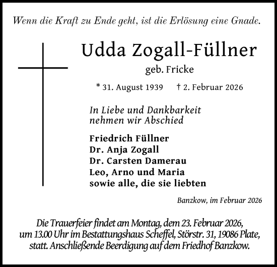 Traueranzeige von Udda Zogall-Füllner von Zeitung für die Landeshauptstadt