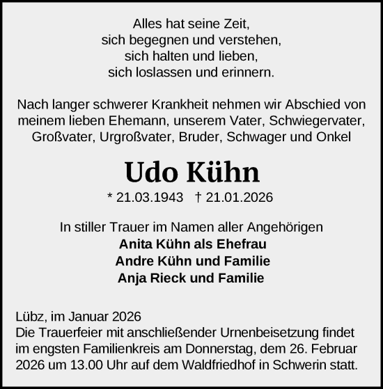 Traueranzeige von Udo Kühn von Parchim und Lübz