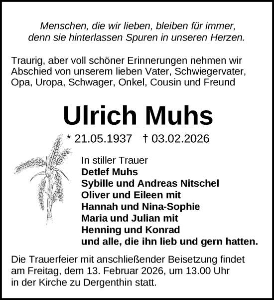 Traueranzeige von Ulrich Muhs von Der Prignitzer, Prignitz Express