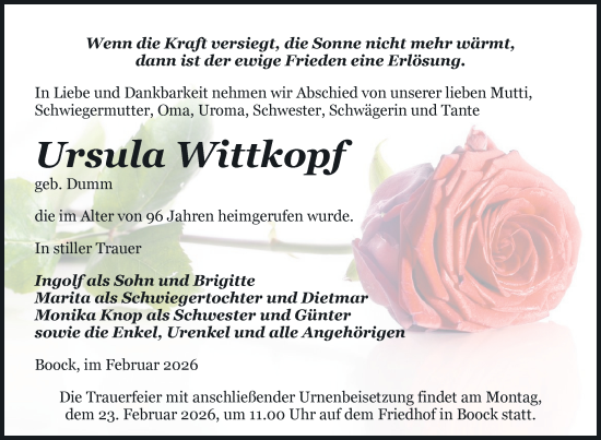 Traueranzeige von Ursula Wittkopf von Nordkurier Pasewalker Zeitung, Nordkurier Grosso