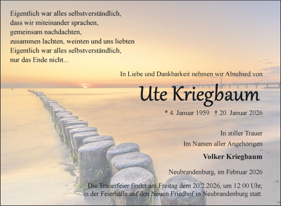 Traueranzeige von Ute Kriegbaum von Nordkurier Neubrandenburger Zeitung