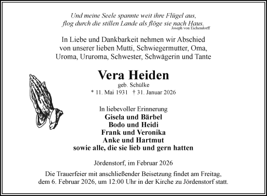 Traueranzeige von Vera Heiden von Nordkurier Mecklenburger Schweiz, Nordkurier Grosso
