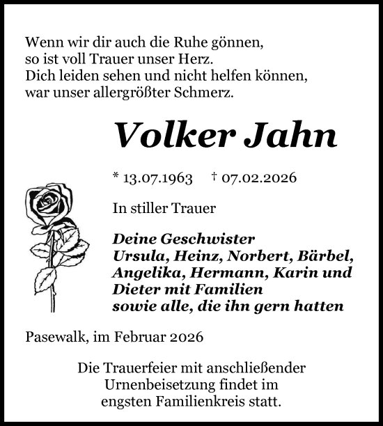 Traueranzeige von Volker Jahn von Nordkurier Pasewalker Zeitung, Nordkurier Grosso
