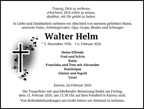 Traueranzeige von Walter Helm von Ludwigsluster Tageblatt